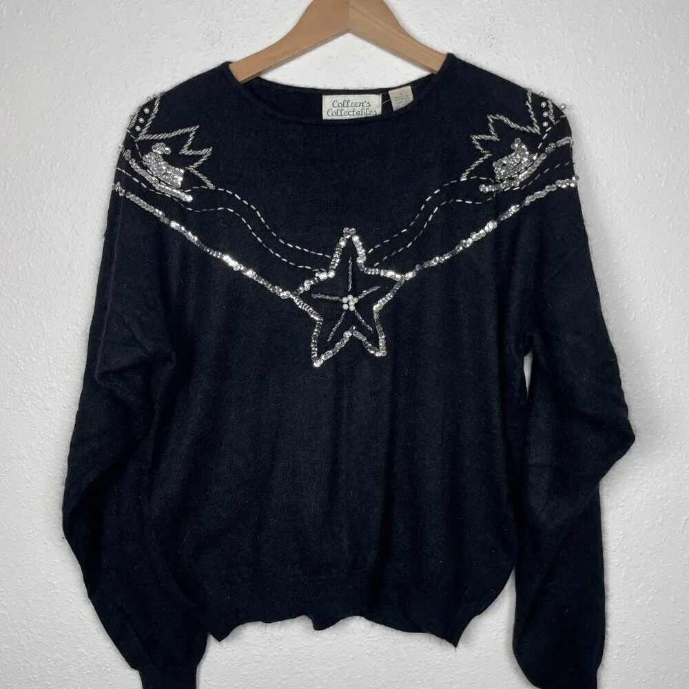 Vintage 80s Angora Rabbit Hair Sweater with Rhinestone and Sequin Embellishments